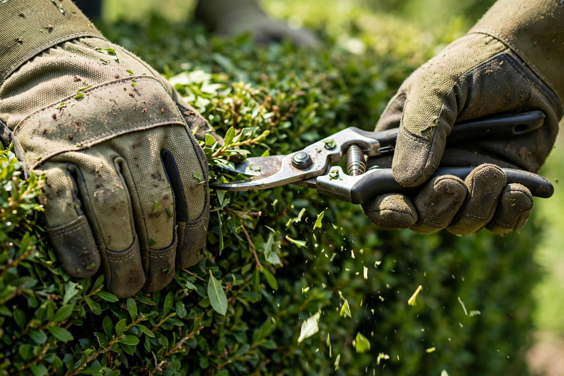 Gloved hands trimming a neat green hedge with shears