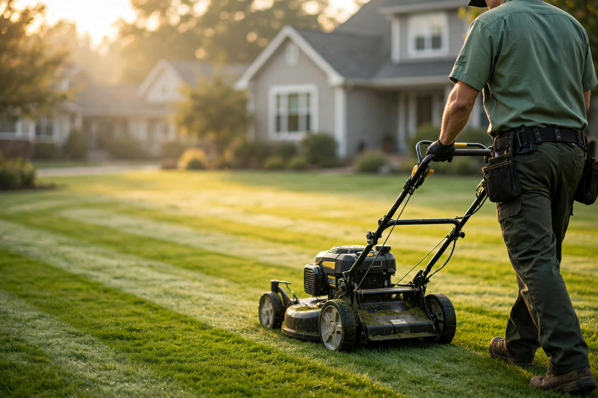 Bennett crew member in a green uniform mowing a striped lawn at sunrise