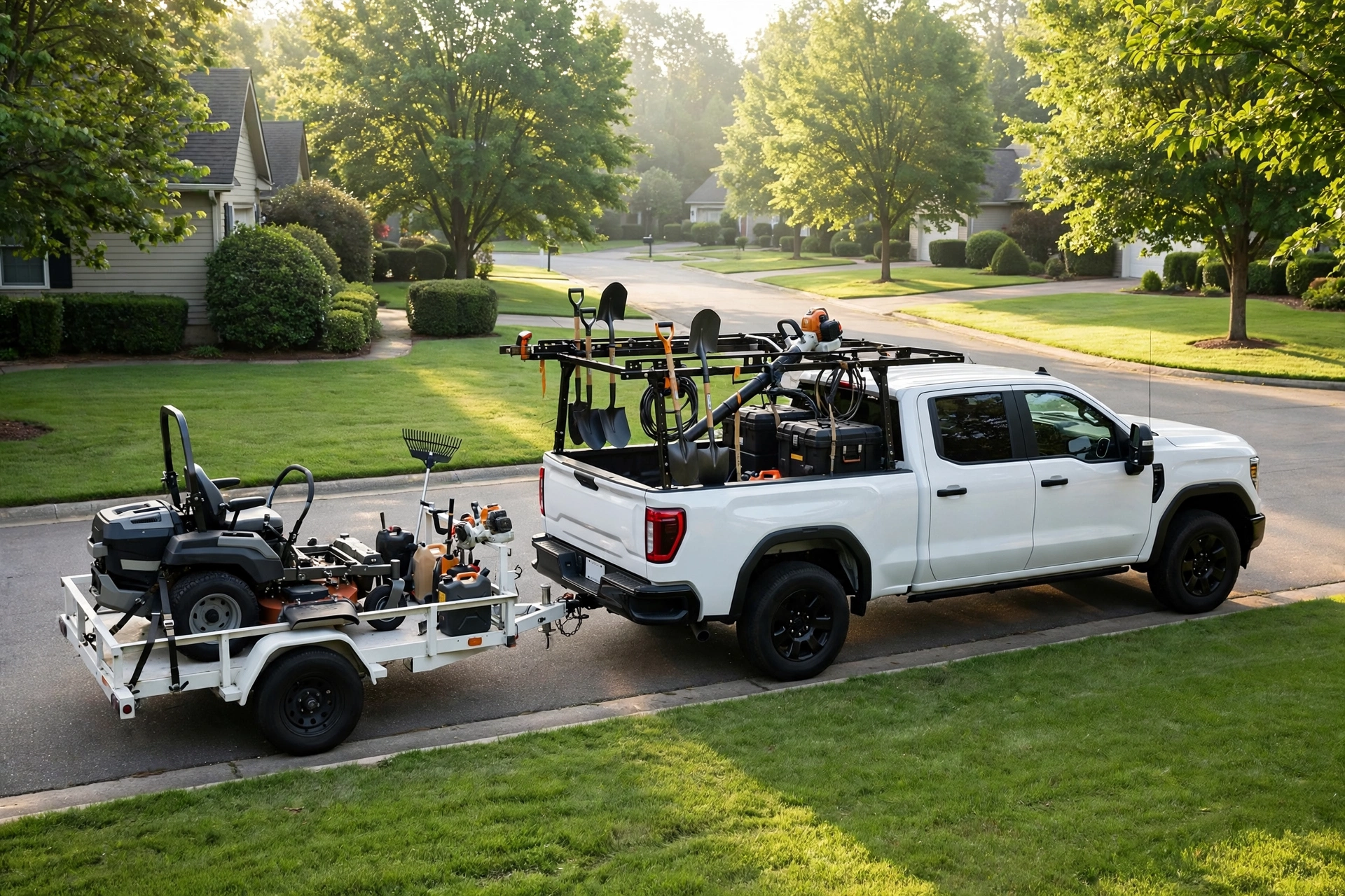 White landscaping work truck with equipment trailer on a suburban street